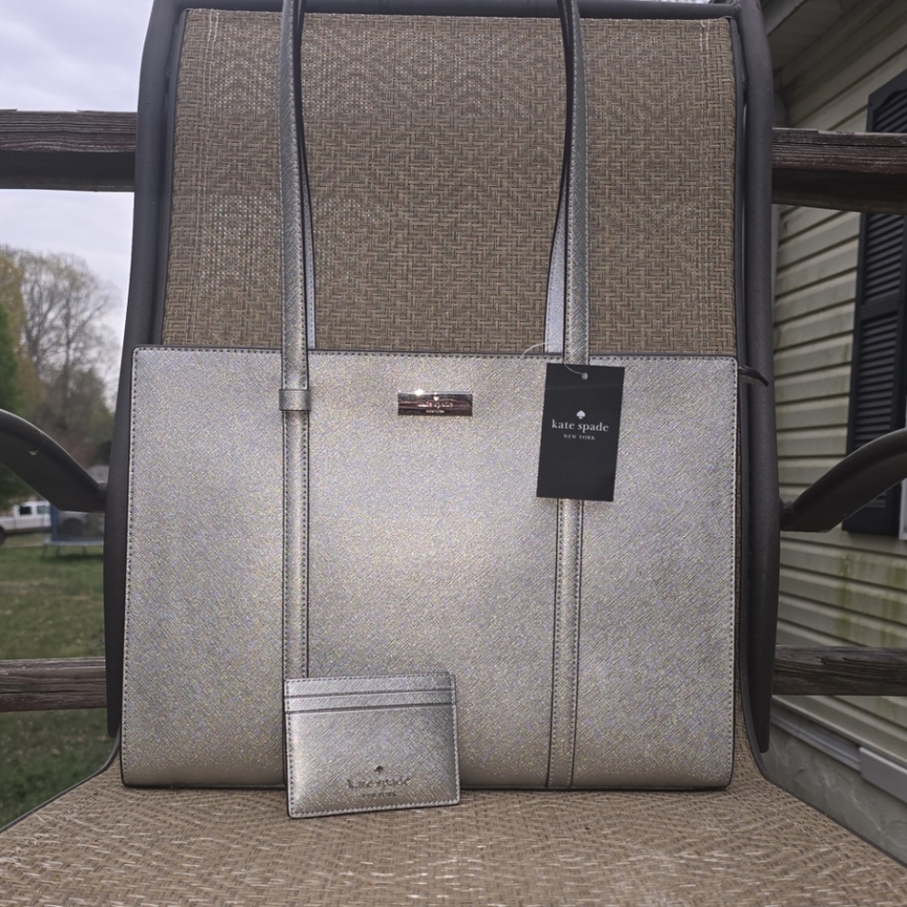 Kate Spade Metallic Silver Tote and Cardholder